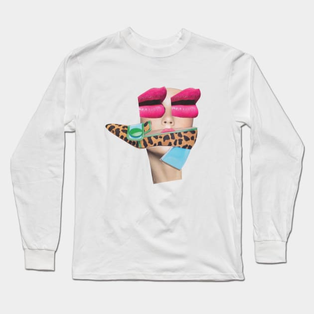 Pink Lips Face Long Sleeve T-Shirt by Luca Mainini